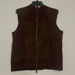 Vintage Chocolate Brown Leather Patchwork Vest Size Large Boho Fall 90s zip up